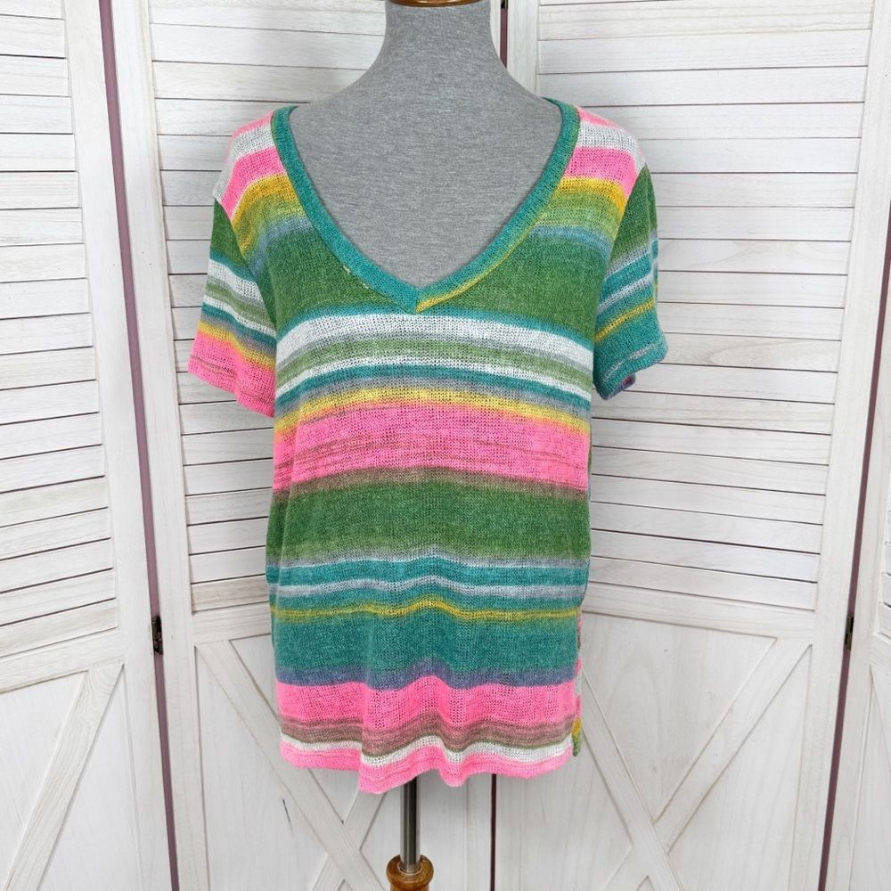 Cherish Striped Mesh Knit V Neck Short Sleeve Tee Shirt Green‎ Pink Small
